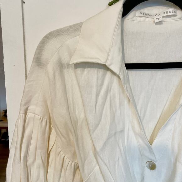 Veronica Beard Samy Linen Shirt Dress Long Puff Sleeves Cream Button Up sz 6 - Picture 5 of 8
